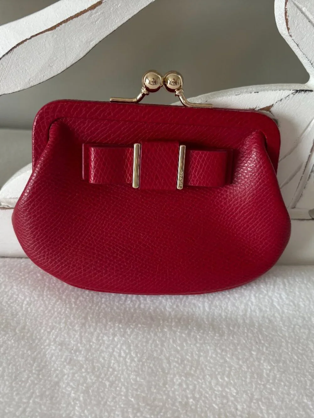Coach Darcy Kiss Lock Bow Coin Purse in Red Crossgrain Leather and Gold